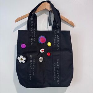 NEW Marc Jacobs Fragrances Black Canvas Tote Bag with Decorative button Pins